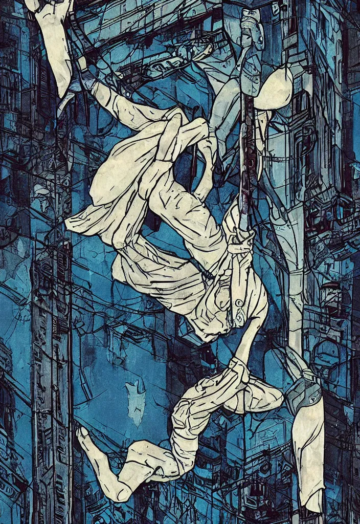 Image similar to the hanged man tarot card in a cyberpunk style