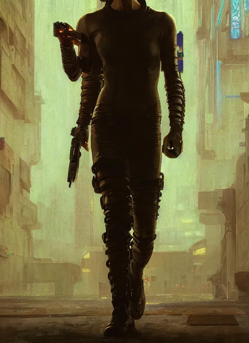 Image similar to Cyberpunk prison guard (blade runner 2049, cyberpunk 2077). Orientalist portrait by john william waterhouse and James Gurney and Theodore Ralli and Nasreddine Dinet, oil on canvas. Cinematic, hyper realism, realistic proportions, dramatic lighting, high detail 4k