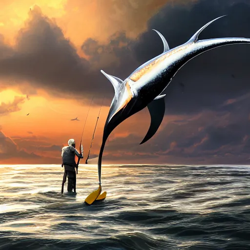 Image similar to lord sauron on his new paddle fishing a giant swordfish, cap canaveral background, digital art, trending on art station, high quality, uhd 8 k, beautiful, golden hour, intricate detail, high gradient, raytracing