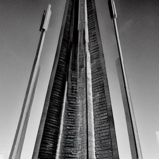 Image similar to a sci - fi brutalist monument built in brutalism architecture, unique geometry, so tall it pierces the heavens, photography