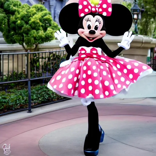 Image similar to transgender minnie mouse costumed character at disneyland, highly detailed, very high resolution, ultra realistic