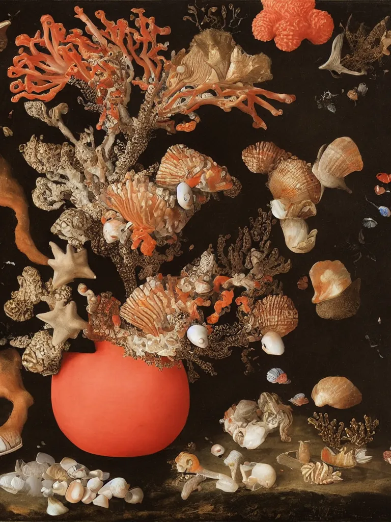 Image similar to Wan-li Vase of Coral under the sea, with shells and fish, Ambrosius Bosschaert the Elder, oil on canvas