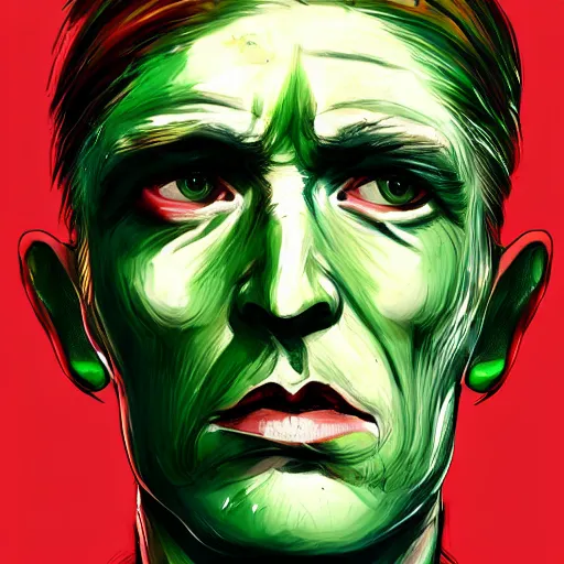Image similar to peter o'toole, messy green hair, white face, red lips, portrait, realistic, concept art, lee bermejo, influenced by lawrence of arabia