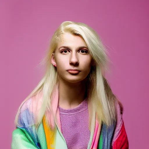 Prompt: HD portrait of a 23-year old woman with an enlightening, energetic aesthetic. wearing bright pastel colors. blond hair in a counter-culture style. A modern-day thaumaturge and theurgist of the Obrimos path. Portrait photography by Annie Leibovitz.