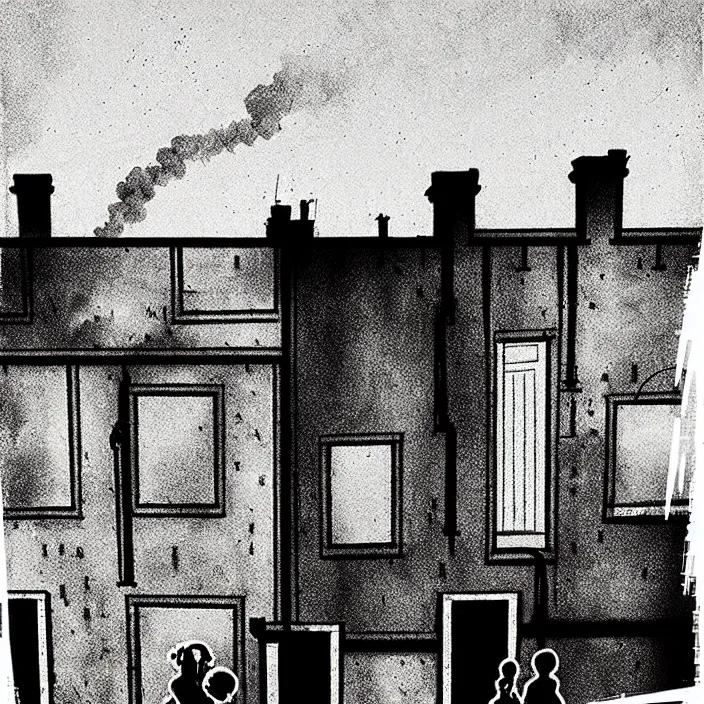 Prompt: [ sadie sink in dirty workmen clothes walks ] next to [ newcastle terraced housing ]. background : factory, dirty, polluted. technique : black and white pencil and ink. by gabriel hardman, joe alves, chris bonura. cinematic atmosphere, detailed and intricate, perfect anatomy