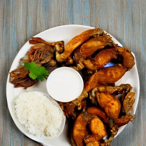 Image similar to a plate of white rice, fried rabbit thighs and fried snakes, food photography