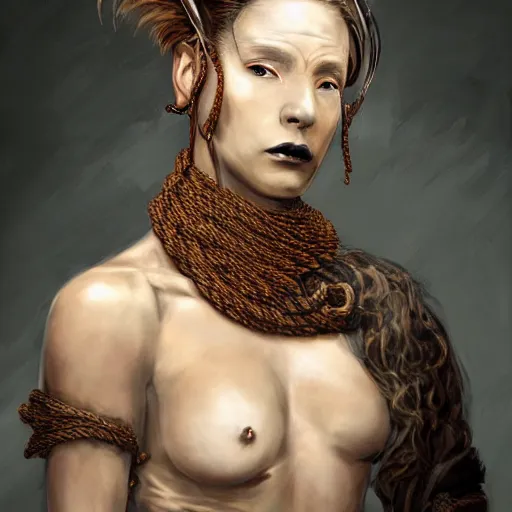 Image similar to portrait of a Shibari rope wrapped face and neck, headshot, insanely nice professional hair style, dramatic hair color, digital painting, of a old 15th century, old cyborg merchant, amber jewels, baroque, ornate clothing, scifi, realistic, hyperdetailed, chiaroscuro, concept art, art by Franz Hals and Jon Foster and Ayami Kojima and Amano and Karol Bak,