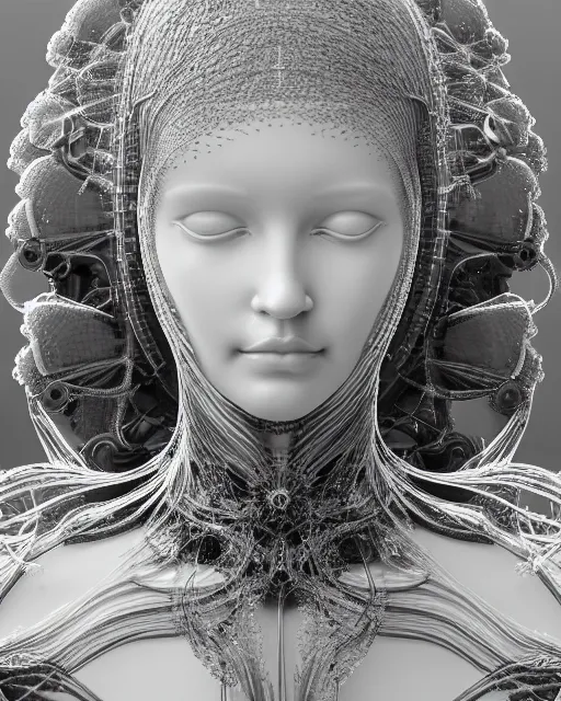 Image similar to mythical dreamy black and white organic translucent bio-mechanical spinal ribbed profile face portrait detail of icy mechanical beautiful female angelic-snow-vegetal-cyborg, highly detailed, intricate crystal steampunk ornate, poetic, 3D render, digital art, octane render, 8K artistic photography, photo-realistic, by Dora Maar