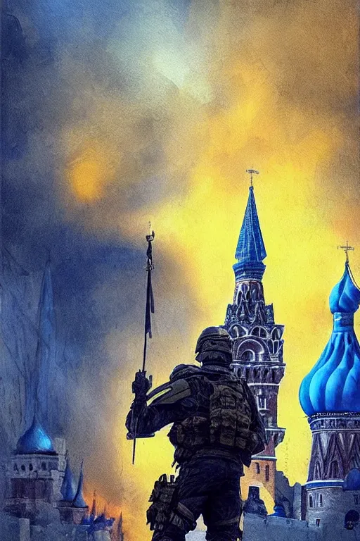 Image similar to special forces soldier raising ukrainian blue and yellow flag, kremlin st. basil cathedral in the background, masculine figure, d & d, fantasy, bright atmosphere, volumetric lights, intricate, elegant, extremely detailed, digital painting, artstation, concept art, matte, smooth, sharp focus, hyper realistic, illustration, art by artgerm and greg rutkowski and alphonse mucha