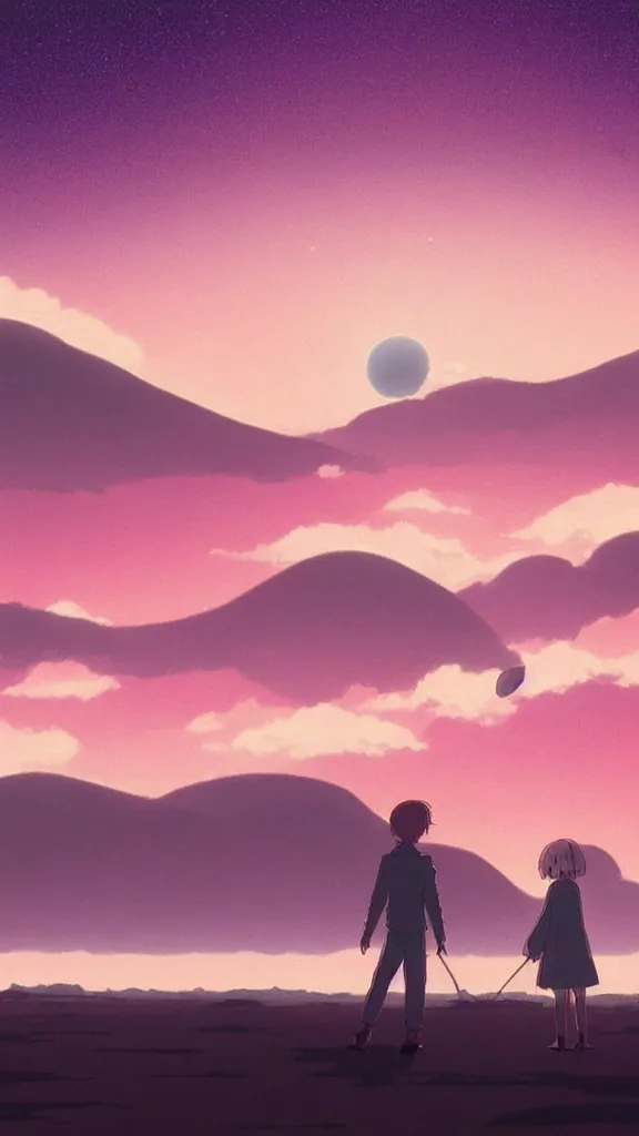 Prompt: beautiful pink ocean horizon view on an alien planet, clear sky, massive planet in space over the horizon, rule of thirds, trending on artstation, digital art by hayao miyazaki, studio ghibli style