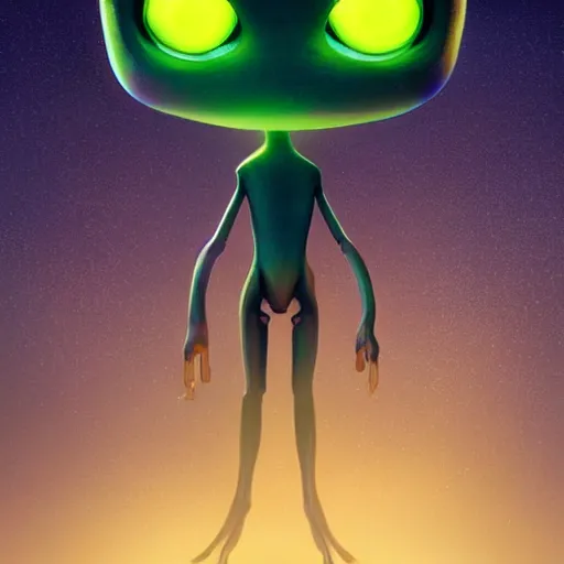 Image similar to adorable glowing alien, trending on artstation, cute, big eyes, matte painting, concept art, pixar, disney, highly detailed, cinematic composition, unreal engine, 3 d rendered in octane