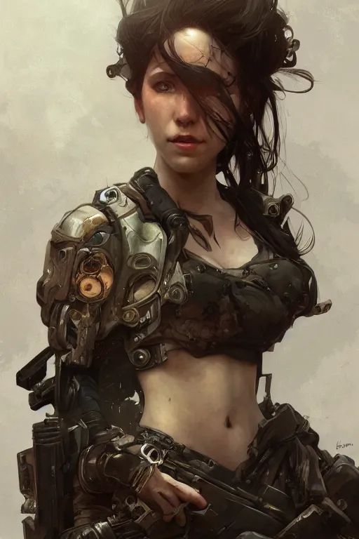 Prompt: A full portrait of a beautiful post apocalyptic heavy gunner, intricate, elegant, highly detailed, digital painting, artstation, concept art, smooth, sharp focus, illustration, art by Krenz Cushart and Artem Demura and alphonse mucha