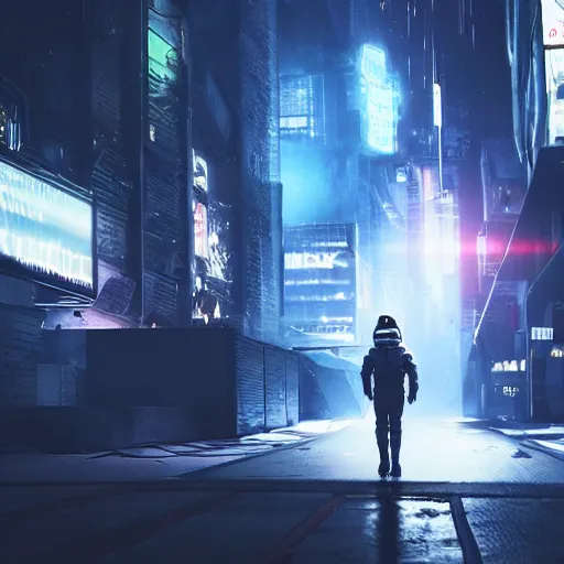 Prompt: astronaut wandering around a cyberpunk dystopian gotham city, 3d 8k render, foggy and atmospheric, night, starry sky, glowing lights, photorealism, unreal engine,