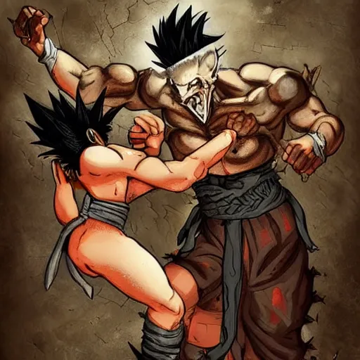 Image similar to Baphomet fistfighting a savage woman with wild spiky black Saiyan hair, dark dungeon, bloody walls, fantasy art, absurd quality