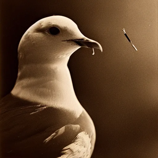 Image similar to portrait, extreme close up, sepia, beautiful light - iconic photo of seagull smoking cigarette, stares at the camera, night sky, stars, bruce gilden, leica s, fuji 8 0 0, grainy, low light