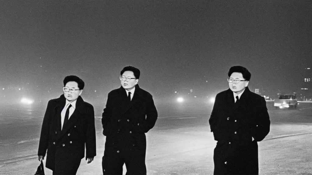 Image similar to foggy city lights, kim jong - il walking in 1 9 6 0 s pyongyang, film noir thriller in the style of orson welles and andrei tarkovski