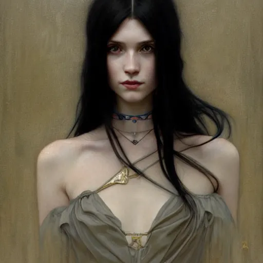 Image similar to Portrait of a beautiful, pale skin, female with long black hair, dark, piercing eyes, elegant clothing, photorealistic, highly detailed, artstation, smooth, sharp focus, art by Klimt, artgerm, Greg Rutkowski and Alphonse Mucha