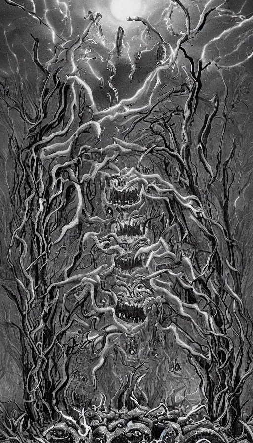 Prompt: a storm vortex made of many demonic eyes and teeth over a forest, by jesper esjing