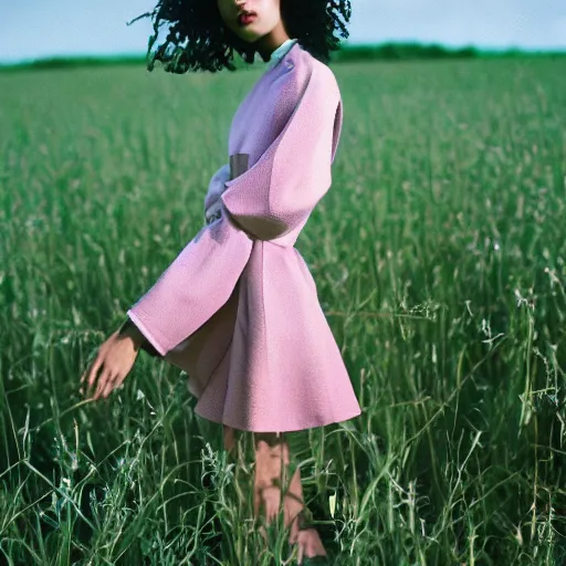 Image similar to realistic!!! photoshoot for a new dior lookbook, color film photography, portrait of a beautiful woman, location on a open field, in style of tyler mitchell, 35mm