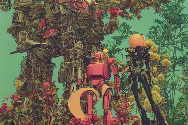 Image similar to gigantic woman, a lot of exotic vegetation around, trees, huge mecha robot, flowers, risograph!, omnious, dark, oldschool vintage sci - fi flat surreal design, super - detailed, painting by moebius and satoshi kon and jodorowski and katsuhiro otomo and kim jung gi, hd, 4 k, high quality