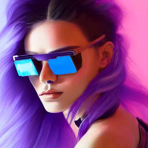 Image similar to closeup painting of a very beautiful young mexican cyberpunk woman with a smirk, wearing light blue shutter shades and a purple coloured leather jacket, one side haircut, long brown hair with light blue ends, portrait, hyperdetailed, artstation, cgsociety, 8 k, synthwave!!! image