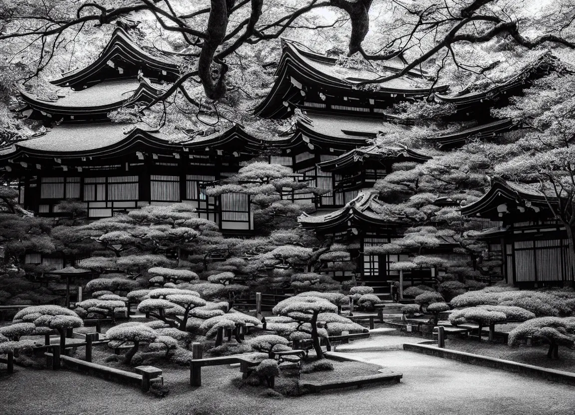 Image similar to realistic forest with an ancient Japanese shrine, Japanese Style, Monochrome, Plotter-art