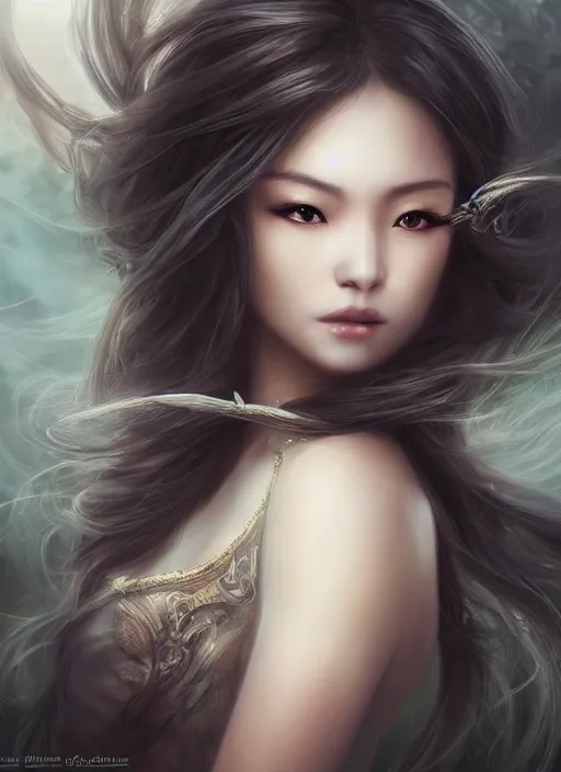 Image similar to a beautiful woman gheisa, 8 k, hyperrealistic, asian hyperdetailed, beautiful face, long hair windy, dark fantasy, fantasy portrait by laura sava