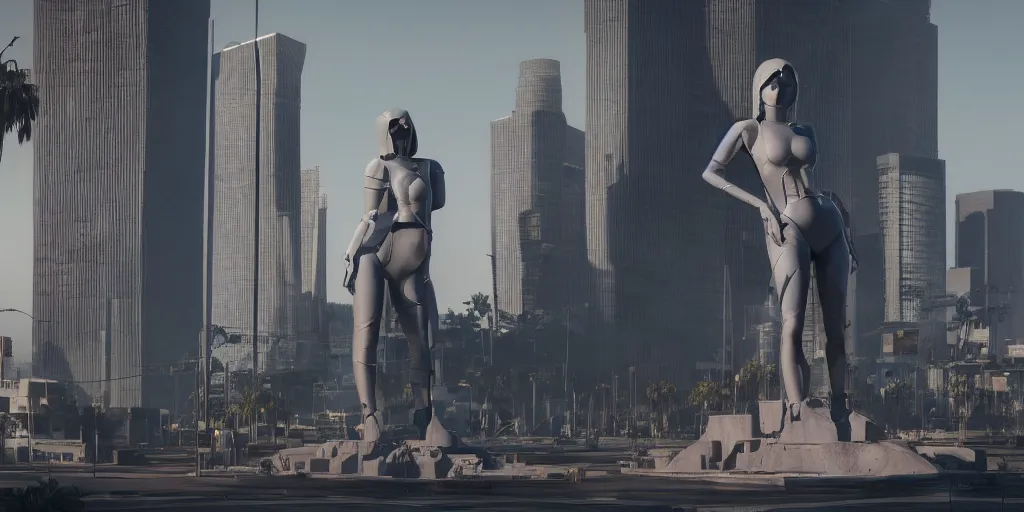 Image similar to cinematic wide angle view of a dystopian kylie jenner statue in the middle of los angeles being worshipped by shadow figures, orwellian, by neil blevins, high detail, digital art, pop art style, death stranding art style, cinematic lighting, artstation, cgsociety, unreal engine 5 render, octane render, 3 5 mm film grain