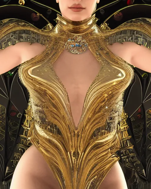 Image similar to a highly detailed metahuman 4 k close up render of a bella hadid in a black latex outfit monument renaissance in iris van herpen dress schiaparelli in diamonds crystals swarovski and jewelry iridescent in style of alphonse mucha gustav klimt trending on artstation made in unreal engine 4