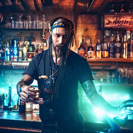 Image similar to high quality portrait of a pirate bartender in a cyberpunk cyberpunk cyberpunk cafe, realism, 8k, award winning photo