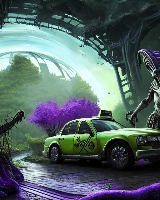 Image similar to xenomorph taxi car in a fantasy village, calming, uplifting mood, ultra realistic, farm, small buildings, highly detailed, atmosphere, violet planet in the sky, masterpiece, epic lighting, elves, green plants, magic, illuminated, 4 k, cinematic, morning sun, art by eddie mendoza