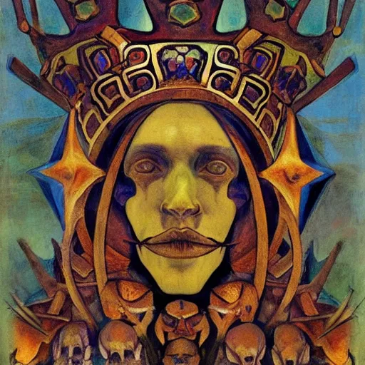 Prompt: the crown of madness and bones, by Annie Swynnerton and Nicholas Roerich and Diego Rivera, bioluminescent skin, elaborate costume, geometric ornament, symbolist, cool colors, dramatic cinematic lighting, smooth, sharp focus, extremely detailed