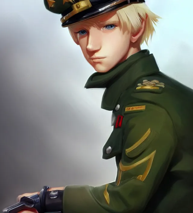 Image similar to character concept art of a cute young german boy with blond hair and bluish eyes, wearing a military uniform. lovely - fine - face, key visual, realistic shaded perfect face, fine details by rossdraws, james jean, andrei riabovitchev, marc simonetti, sakimichan, trending on artstation