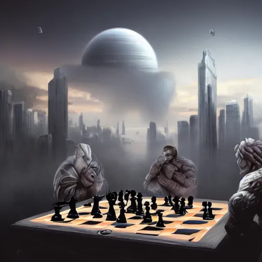 Image similar to apocalyptic future city, a godlike creature is playing chess. the chess figures are planets. smoke. volumetric lighting, sharp focus, ultra detailed, cgsociety - w 1 0 2 4 - n 8 - i