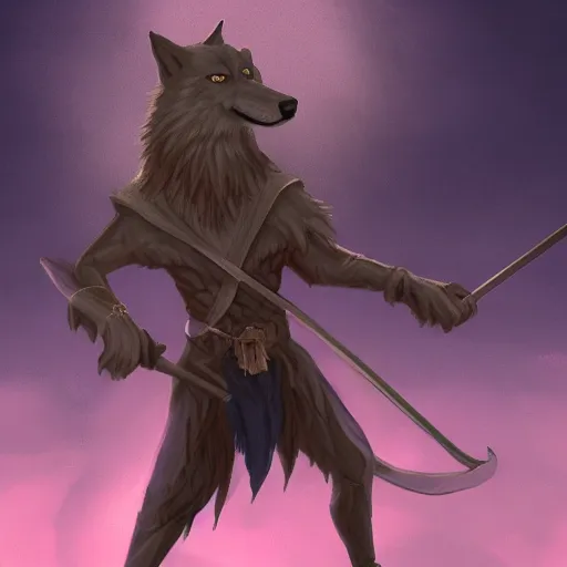 Image similar to wizard is holding a staff as a wolf, dynamic pose, chromatic aberration , medium level shot, fantasy, illustration, concept art,