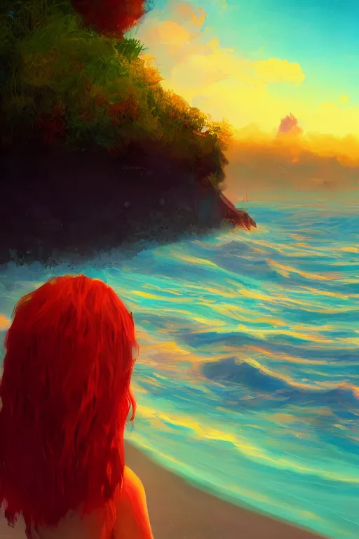 Prompt: a red haired young girl beach surreal, sunrise, dramatic light, impressionist painting, colorful clouds, digital painting, artstation, simon stalenhag