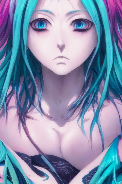 Prompt: portrait of an anime manga girl with teal and white dreads, straight on portrait, by artgerm, james jean, tom bagshaw, gerald brom, vaporwave colors, lofi colors, vaporwave, lofi, goth vibe, 4 k, smooth, hd, substance designer render, full body character concept art, symmetrical, perfect face, detailed face,