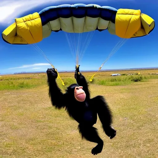 Prompt: a chimp wearing a yellow hoodie is skydiving