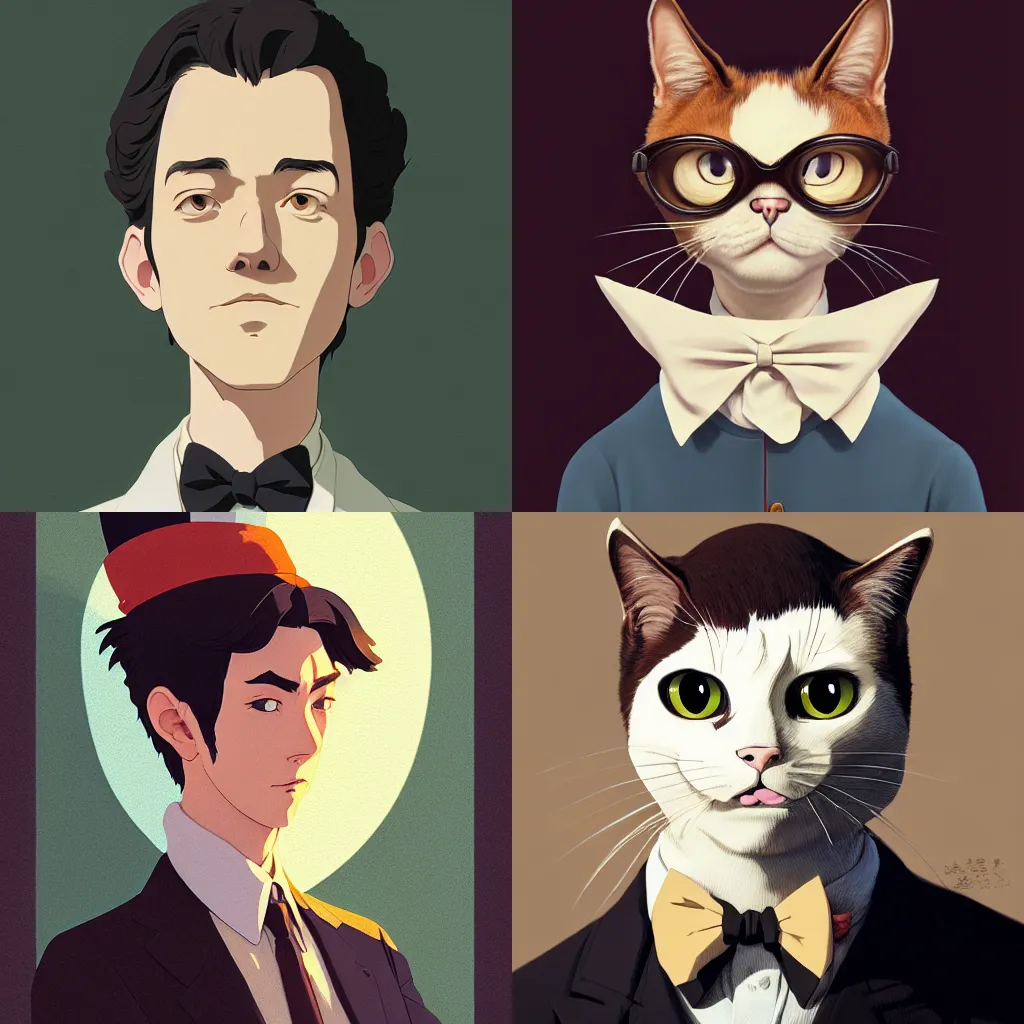 Prompt: portrait of an aristocrat with a cat head, artstation, elegant, highly detailed, digital painting, concept art, smooth, sharp focus, illustration, art by studio ghibli, fujita goro, atey ghailan, tom whalen, jean giraud 8 k