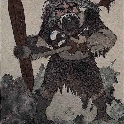 Prompt: hairy barbarian with moose head by johan grenier and studio ghibli