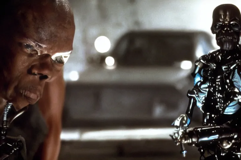 Image similar to Samuel L. Jackson plays Terminator and his endoskeleton is visible, portrait, scene from the film