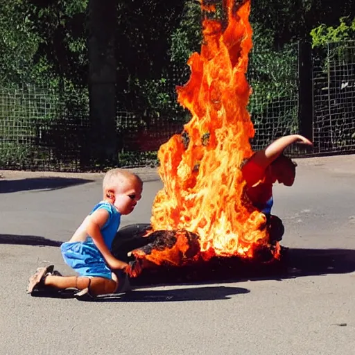 Prompt: metal slide on fire on a hot day, scared child