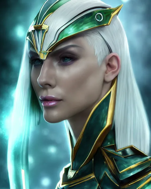 Prompt: perfect white haired attractive egyptian goddess, warframe armor, beautiful, symmetric, dreamy, half asian, pretty face, green eyes, charlize theron, detailed, scifi platform, laboratory, experiment, 4 k, ultra realistic, epic lighting, android body, illuminated, cinematic, masterpiece, art by akihito tsukushi, voidstar