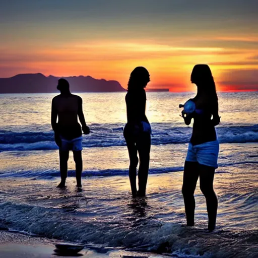 Image similar to sunset on the beach with beautiful people bathing in the hughe waves