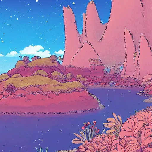 Image similar to illustration of a lush natural scene on an alien planet by studio ghibli. beautiful landscape. weird vegetation. cliffs and water.