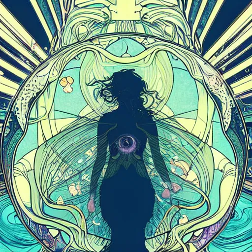 Prompt: a woman leaving her body, astral projection, astral travel, space background, cinematic, detailed, very realistic, by Alphonse Mucha, Moebius, Laurie Greasley