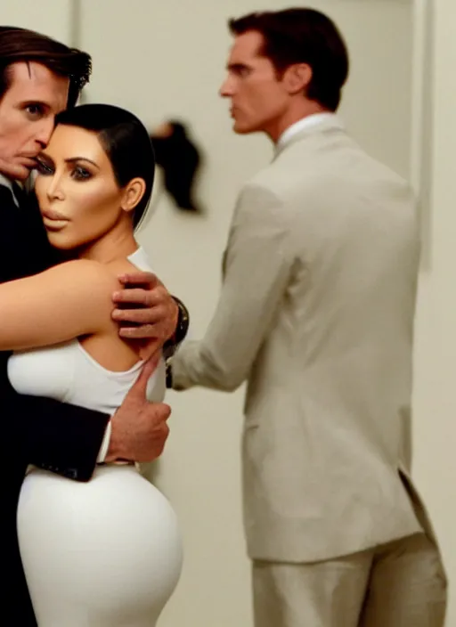 Prompt: film still of kim kardashian hugging Patrick Bateman in American Psycho.