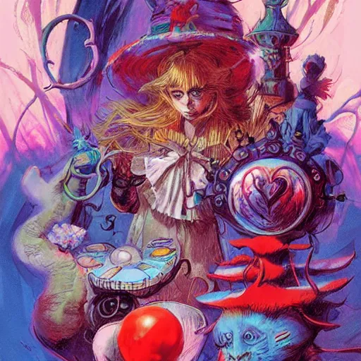 Prompt: alice in wonderland, by ross tran and basil gogos and phillipe druillet and paul lehr, trending on artstation hq, deviantart, pinterest, 4 k uhd image