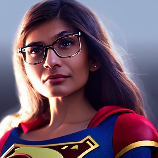 Prompt: a close up face of young Mia Khalifa as Supergirl by Greg Rutkowski, Sung Choi, Mitchell Mohrhauser, Maciej Kuciara, Johnson Ting, Maxim Verehin, Peter Konig, Zack Snyder, 8k photorealistic, cinematic lighting, HD, high details, dramatic, trending on artstation,