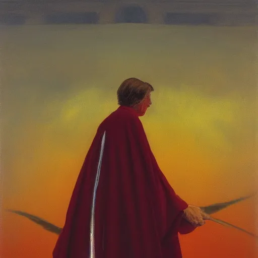 Image similar to sienna portrait of the redwinged angel of death wearing a crimson and sienna robe descending on the spirits in their graves jamie wyeth james gilleard edward hopper oil painting